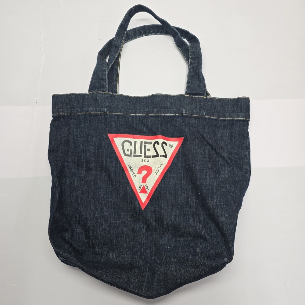 Guess USA Dark Wash Denim Tote Bag Blue Triangle Logo Graphic‎ Shopper